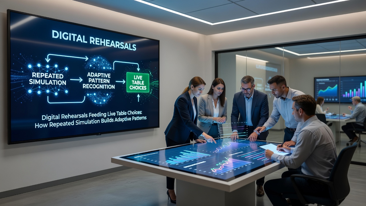 Spieler am Blackjack-Tisch mit digitaler Overlay-Darstellung von Simulationsdaten