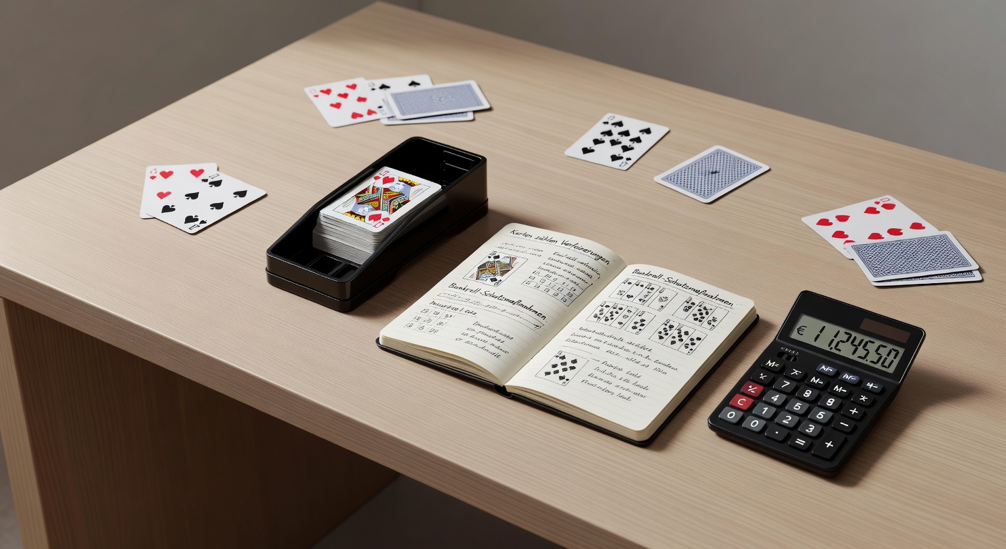Ein Blackjack-Schuh mit mehreren Decks in einem deutschen Casino, beleuchtet von dramatischen Schatten, symbolisiert die Herausforderungen des Kartenzählens
