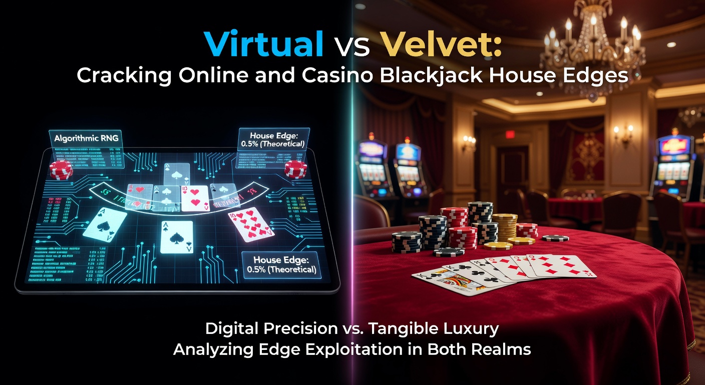 Grafik mit Balkendiagrammen, die House Edges für verschiedene Blackjack-Varianten in Online- und Offline-Casinos vergleicht, inklusive Zahlen zu Decks und Regeln