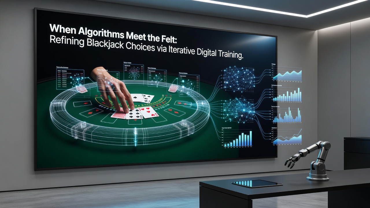 Spieler übt am Laptop mit Blackjack-Software während Karten auf einem grünen Filztisch liegen