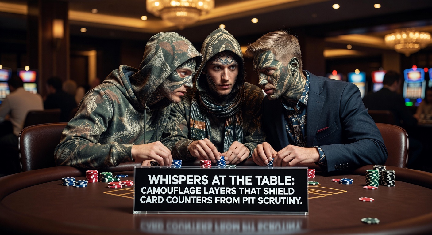 Blackjack-Tisch bei Nacht, wo Spieler subtil kommunizieren, während der Tischleiter beobachtet